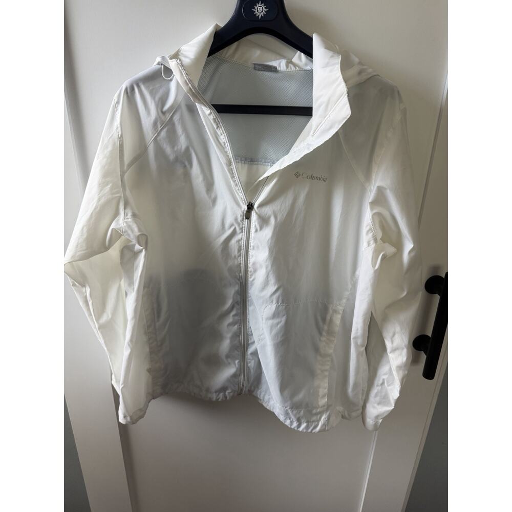 Columbia Women’s 2X White Lightweight Windbreaker Jacket Packable Hood Full Zip